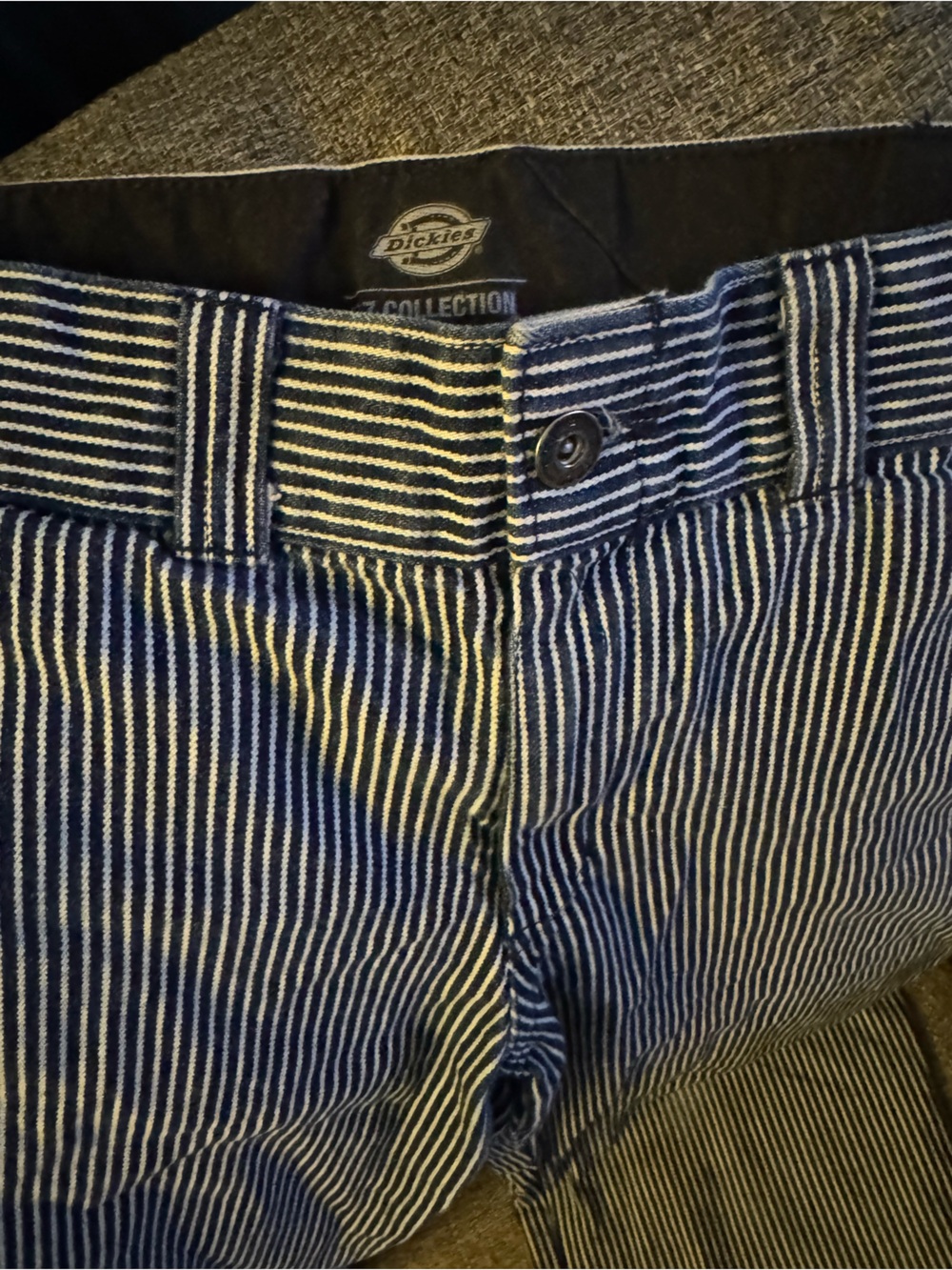 Dickies classic pants. railroad pinstripe navy and white